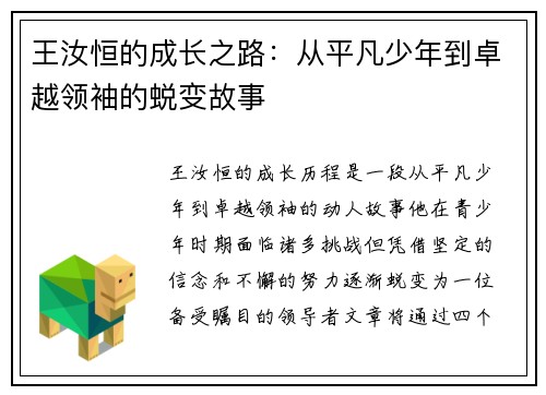 王汝恒的成长之路：从平凡少年到卓越领袖的蜕变故事